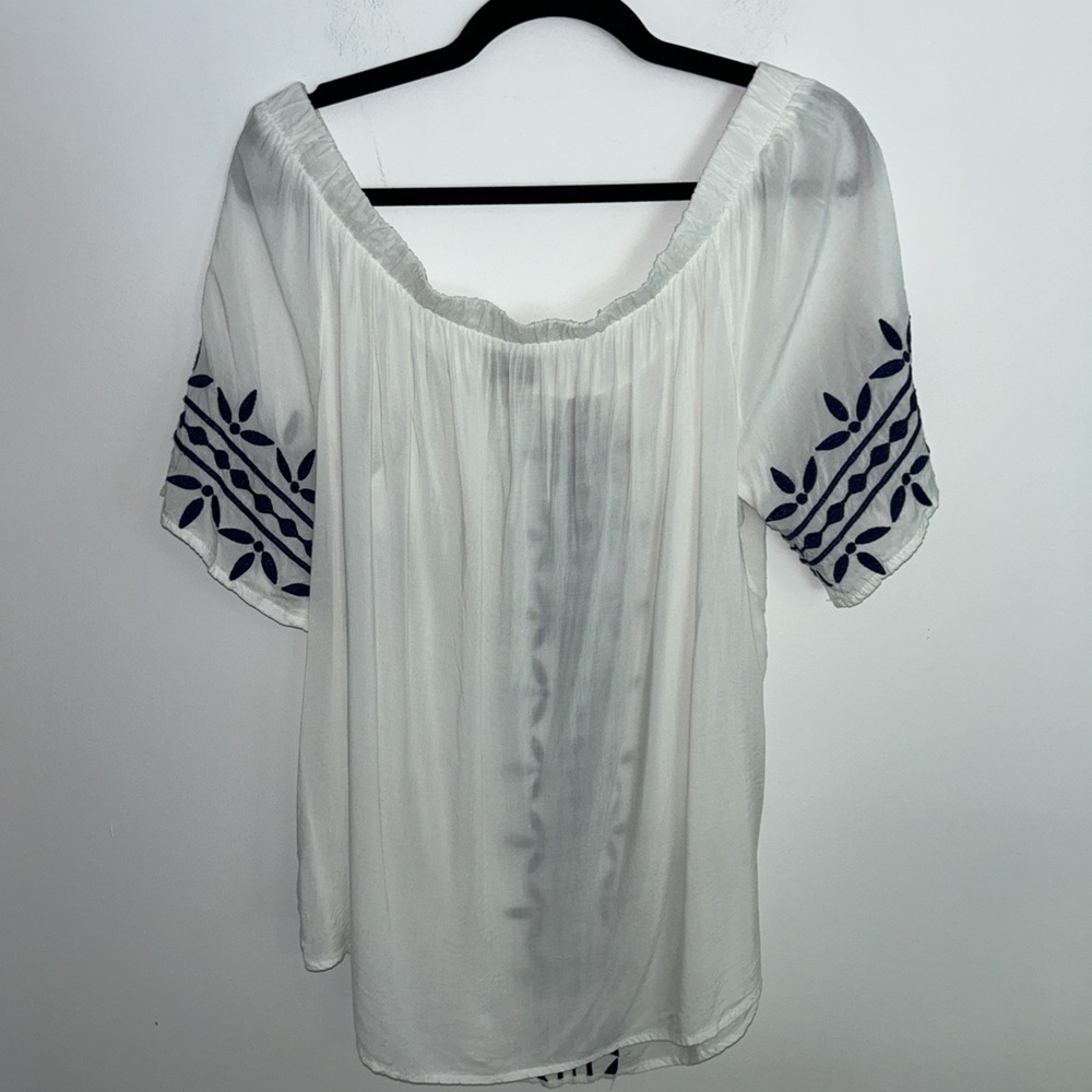 Como Vintage White Boho Women's XL Short Sleeve Navy Embroidered Stitching - Picture 7 of 7